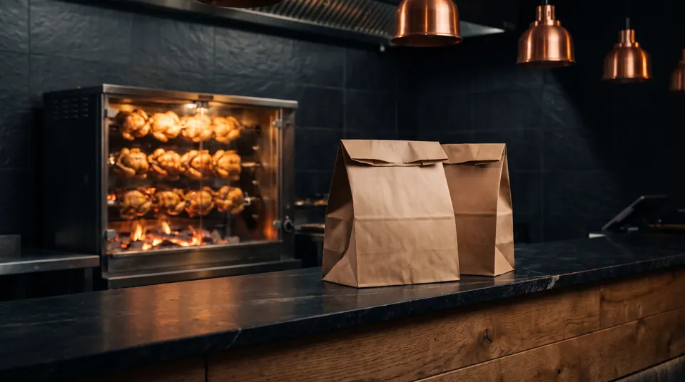 Le comptoir du restaurant le soir : commandes prêtes dans leurs sacs kraft, rôtissoire allumée au fond