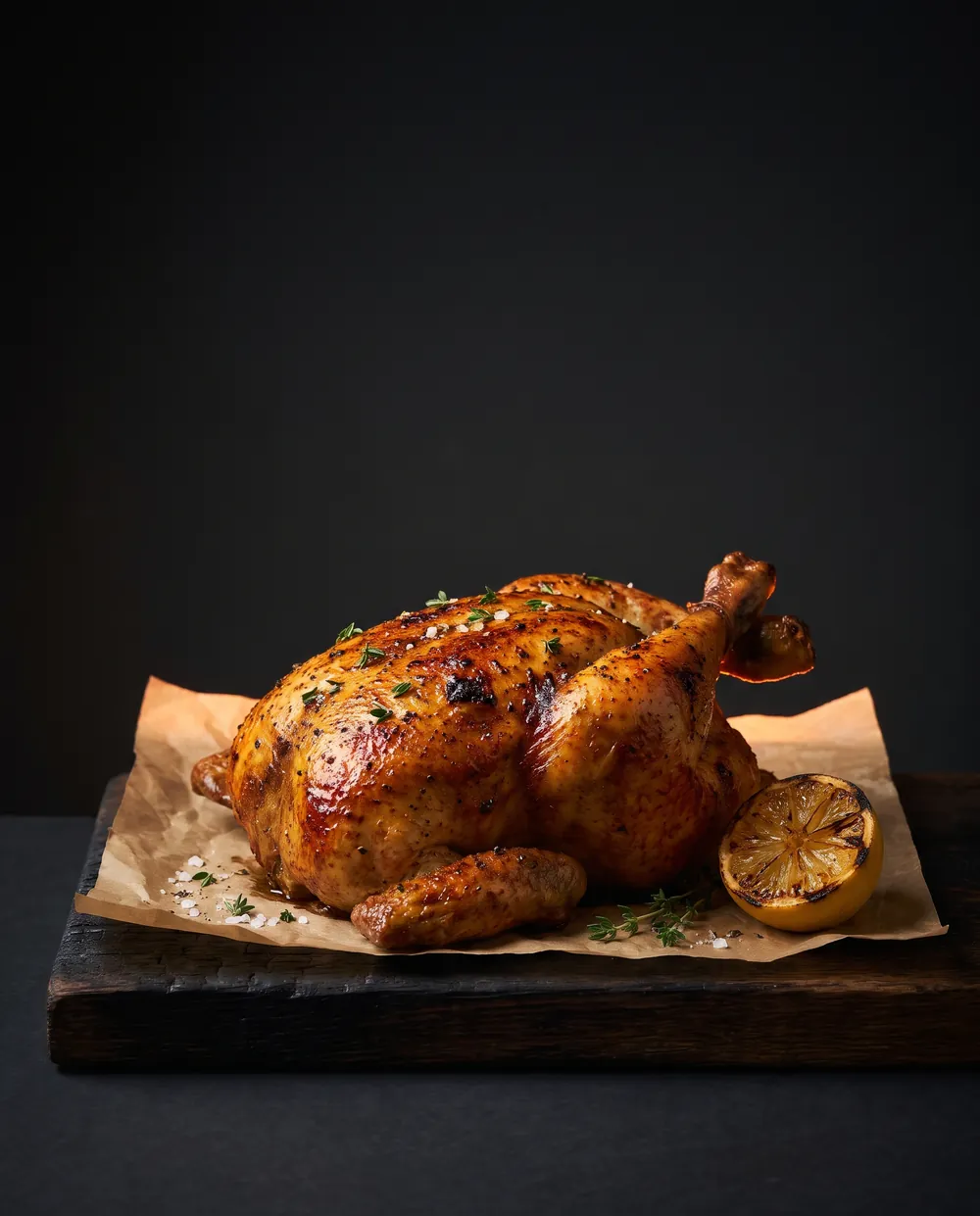 Un poulet entier rôti à la braise sur papier kraft, avec un demi-citron grillé